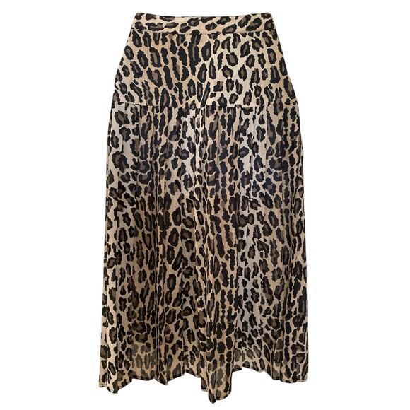 Vintage 80s 90s Leopard Cheetah Preppy Pleated Sheer Y2k Boho Midi Skirt S/2/4 - Picture 5 of 6